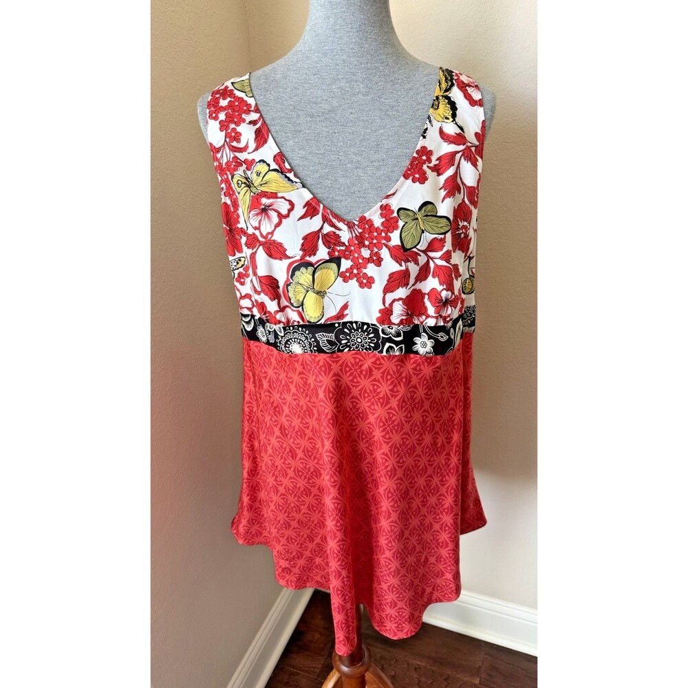 CAbi Size XL Red Floral Butterfly Print Sleeveless Silk Tunic Babydoll Top - NWT